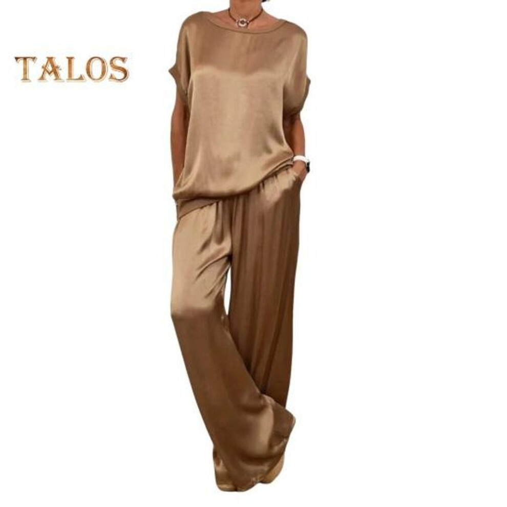 (khaki, XXXXL) Women's Satin Silky Two-piece Set Casual Crew Neck Short Sleeve Top Wide Leg Pants Set Loose Loungewear Outfit For Spring Summer