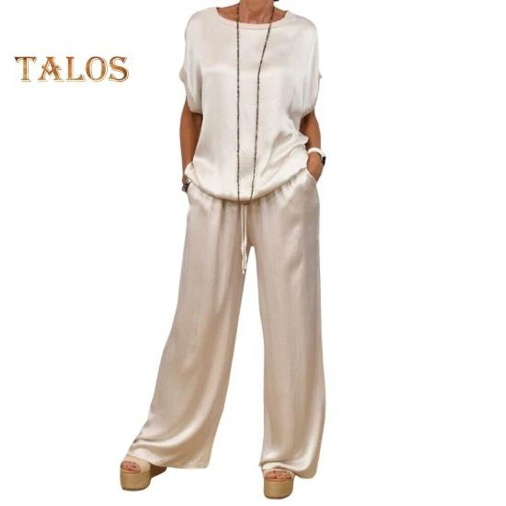 (white, L) Women's Satin Silky Two-piece Set Casual Crew Neck Short Sleeve Top Wide Leg Pants Set Loose Loungewear Outfit For Spring Summer
