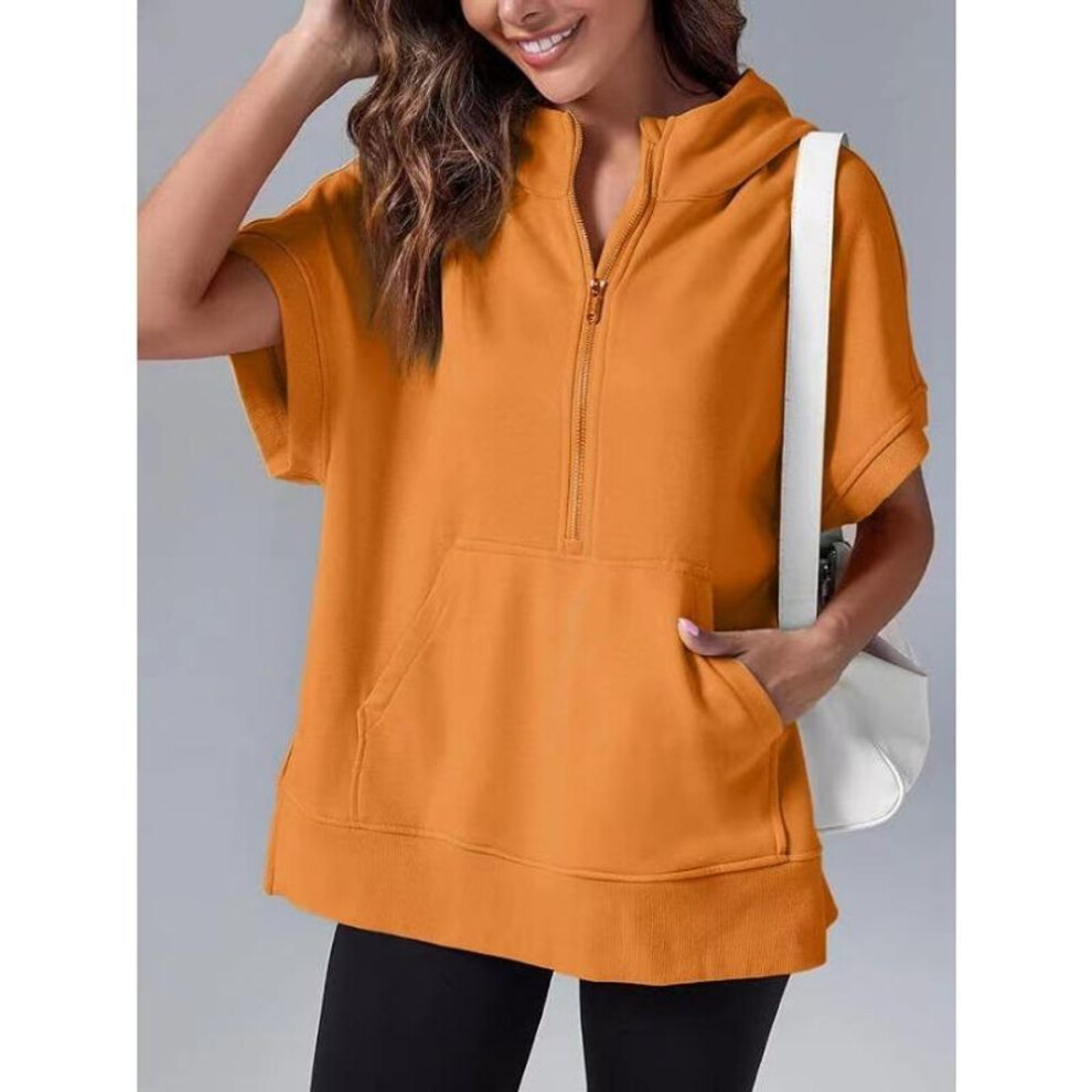 (XL, orange) Women's Spring New Solid Colour Casual Short Sleeve Hooded Sweatshirt