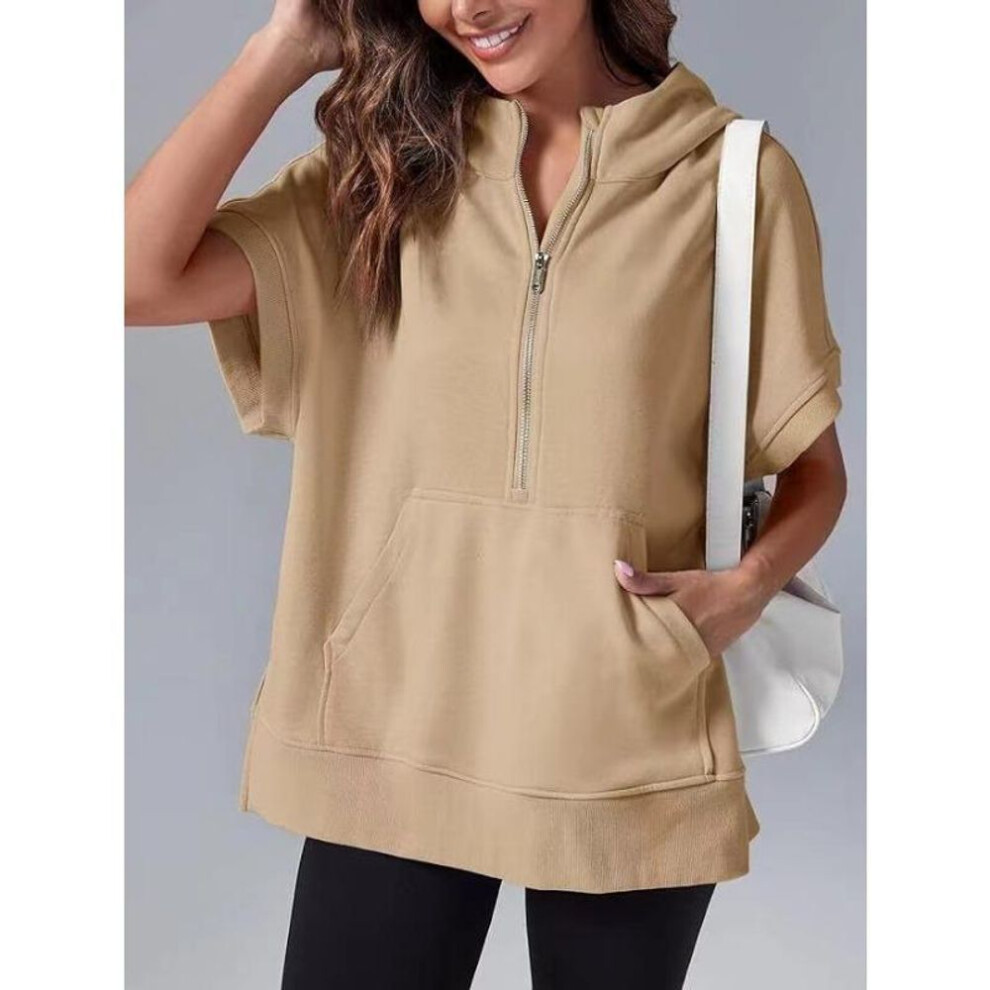 (XXL, khaki) Women's Spring New Solid Colour Casual Short Sleeve Hooded Sweatshirt