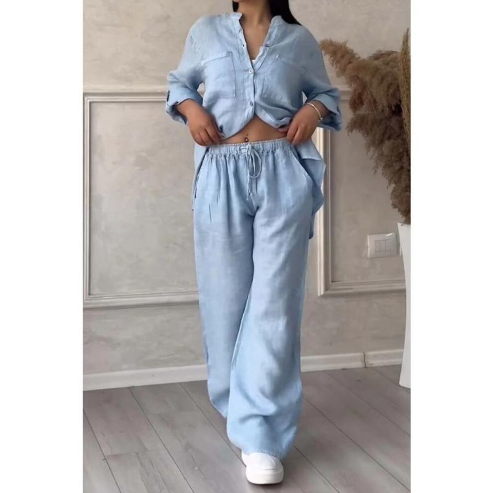 (light blue, 5XL) Spring And Autumn Women's Solid Color Single-breasted Long Sleeve Shirt Wide-leg Pants Lace-up Pant Suit