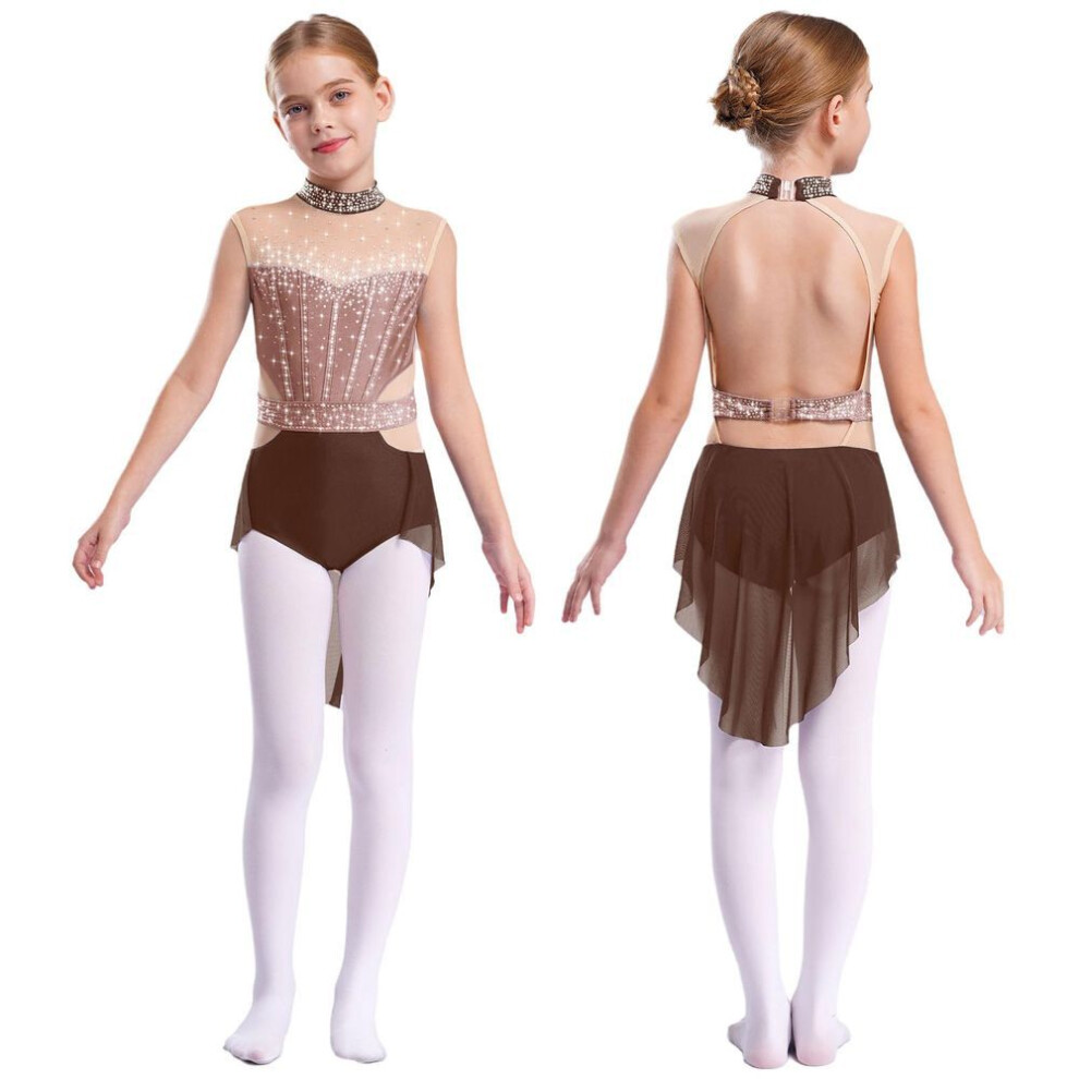 (brown, 7-8 Years) Kids Girls Lyrical Dance Performance Costume Sleeveless Rhinestone Ballet Gymnastic Leotard Figure Skating Competition Dancewear