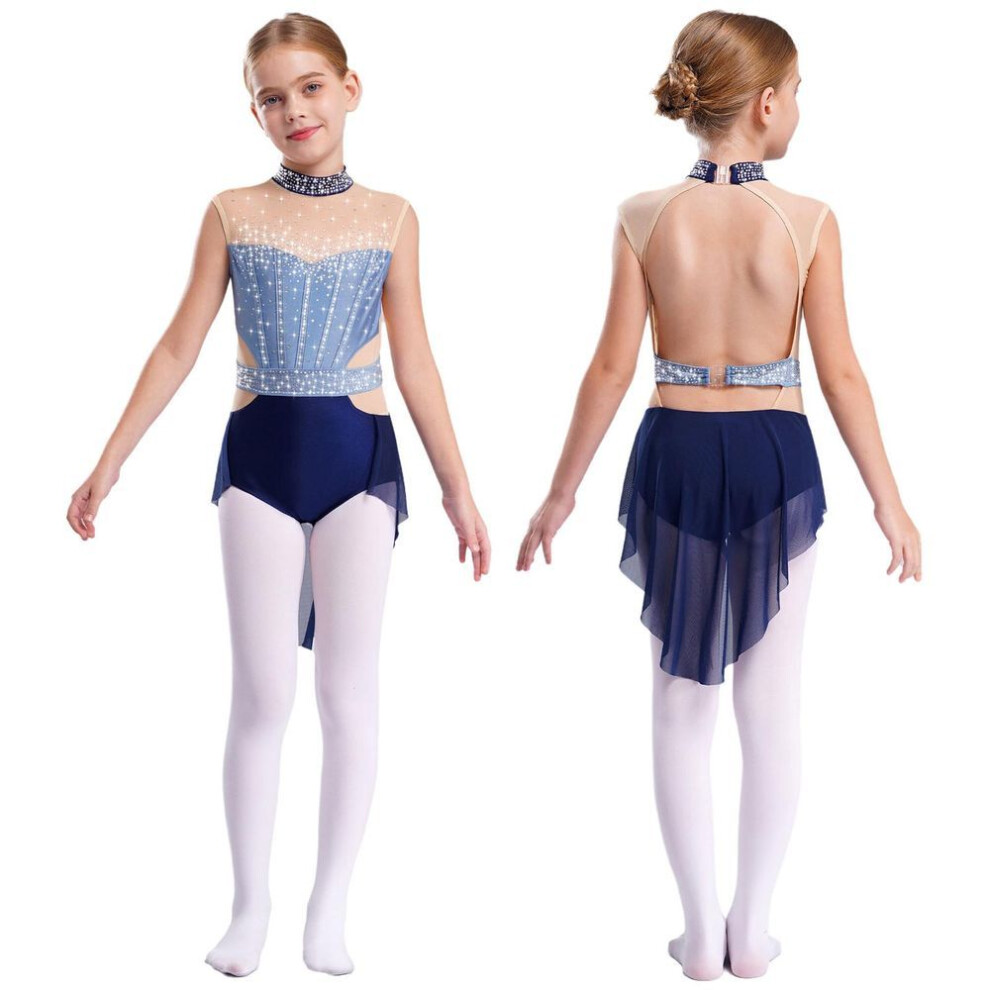 (blue,navy blue, 9-10 Years) Kids Girls Lyrical Dance Performance Costume Sleeveless Rhinestone Ballet Gymnastic Leotard Figure Skating Competition Dancewear