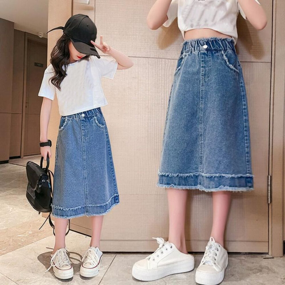 (blue, 140cm) Spring Summer School Girls Denim Skirt Casual Skirt for Children Teenage Kids Skirt