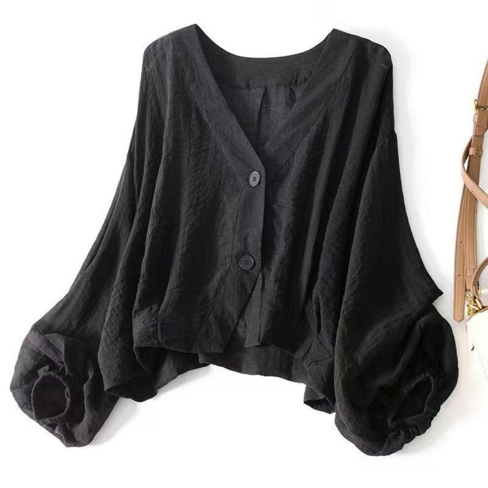 (M, black) Solid Shirts Women Summer Batwing Sleeve Loose Thin Seethrough Leisure V-Neck Sun-proof Clothing All-match Simple