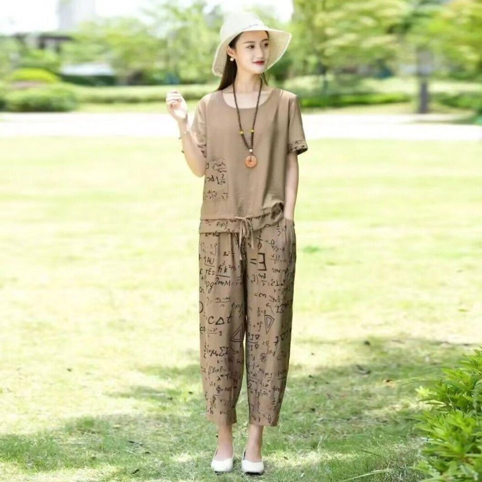 (khaki, XXXXXL) Summer Women Fashion 2 Piece Set Cotton Linen Casual Short Sleeve T-Shirt Top Harlan Cropped Pant Suit Plus Size