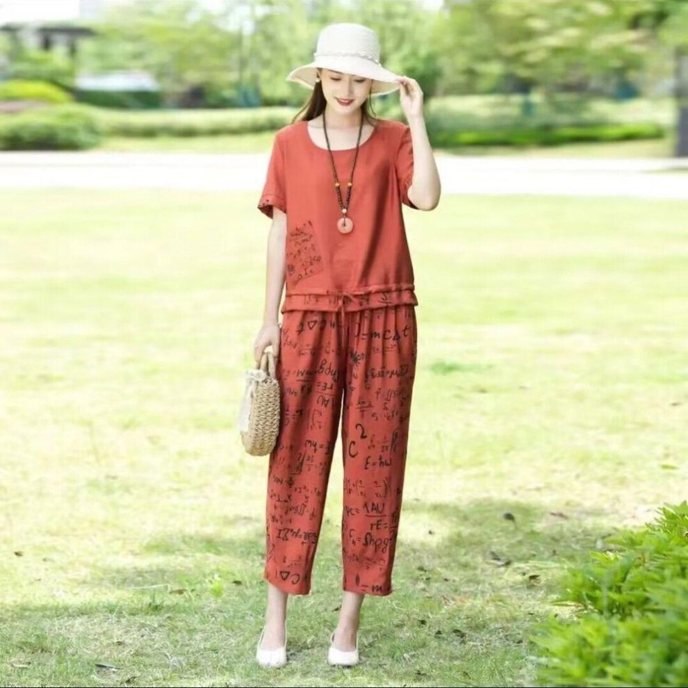(orange, L) Summer Women Fashion 2 Piece Set Cotton Linen Casual Short Sleeve T-Shirt Top Harlan Cropped Pant Suit Plus Size