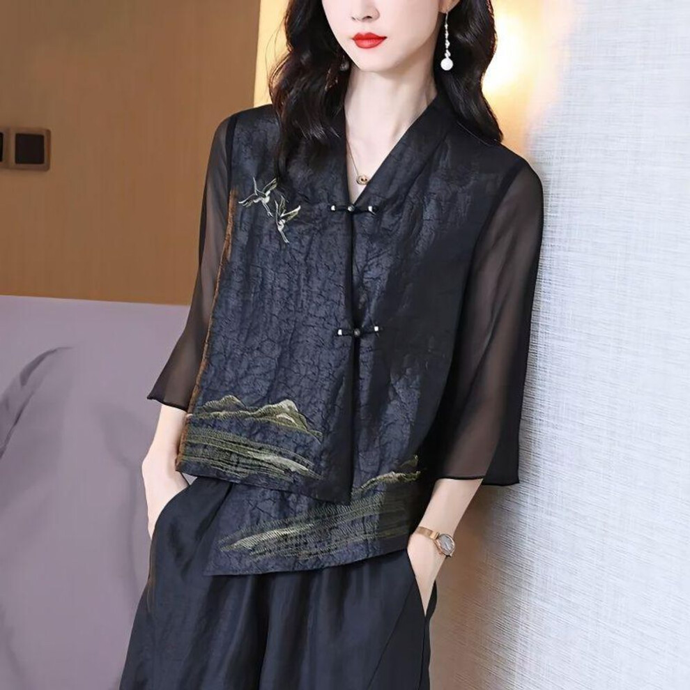 (M, black) Women Faux Silk Vintage Embroidered Asymmetrical Blouses Spring Summer Elegant Chinese Style Design Cardigan Shirts