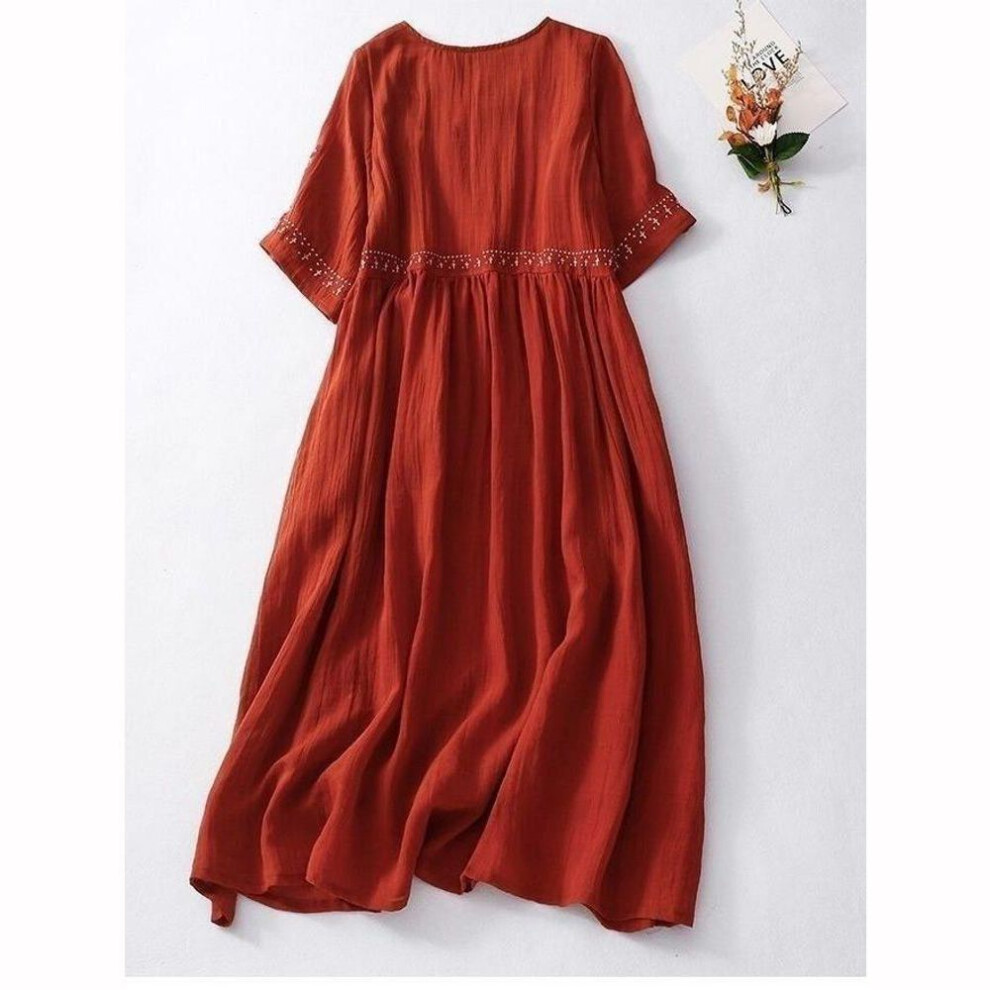 (red, XXXL) Cotton Linen Dress Women's Summer Loose Breathable Embroidery Dresses Women's Round Neck Casual