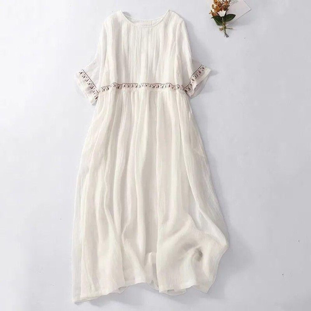 (white, XXL) Cotton Linen Dress Women's Summer Loose Breathable Embroidery Dresses Women's Round Neck Casual