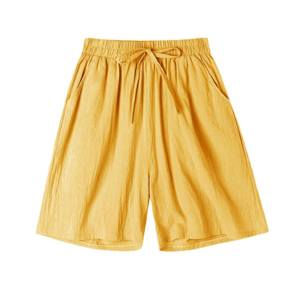 (yellow, L) Summer Cotton Linen Women's Shorts Casual High Waist Loose Shorts Girls Soft Cool Female Shorts Breathable Soft Home Clothes