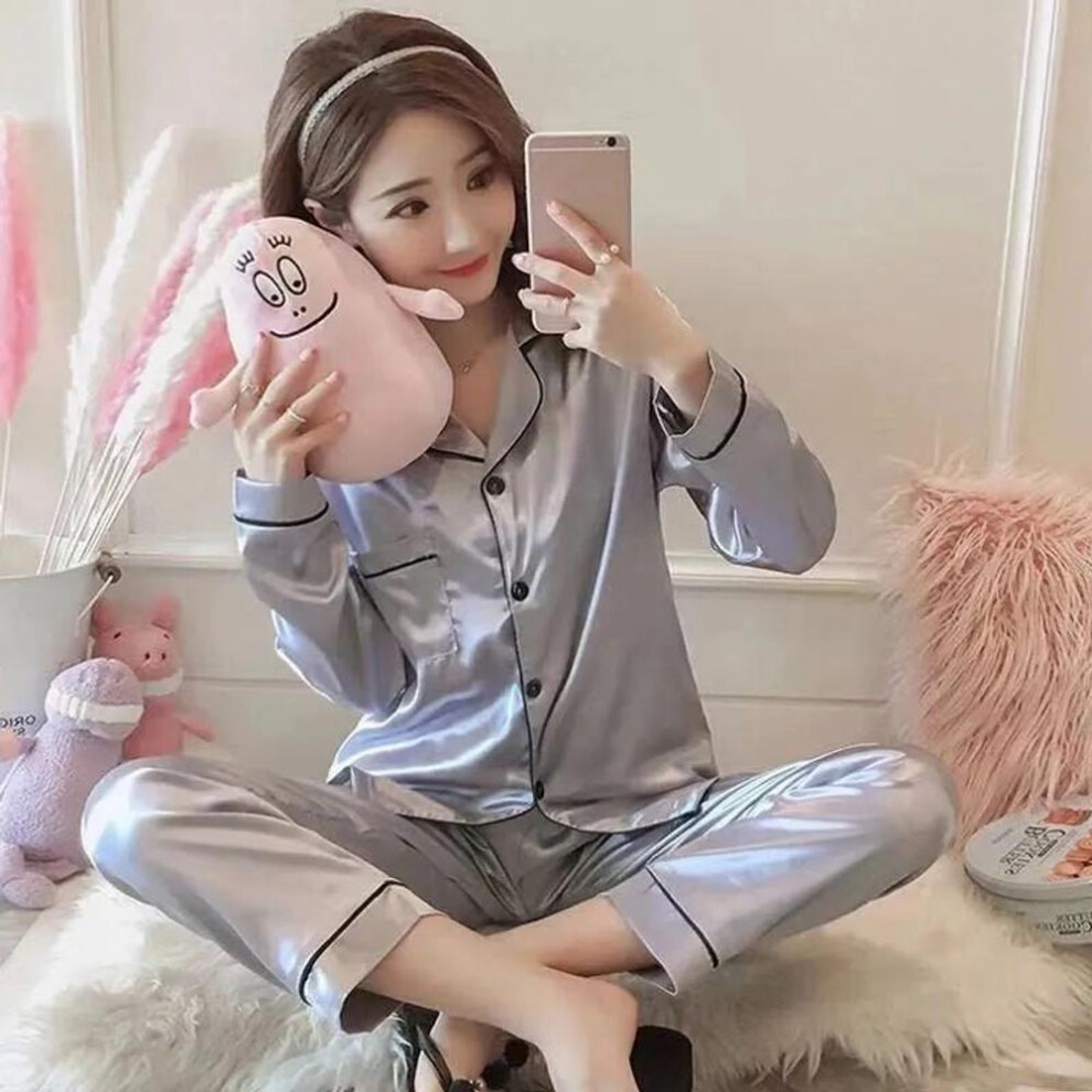 (M, silver) Women's Pajamas Set Spring Autumn Sleepwear Suit Silk Shirt Loose Casual Home Wear Long Sleeve Tops And Pants Suits Solid Plus Size M-5xl Nightwear