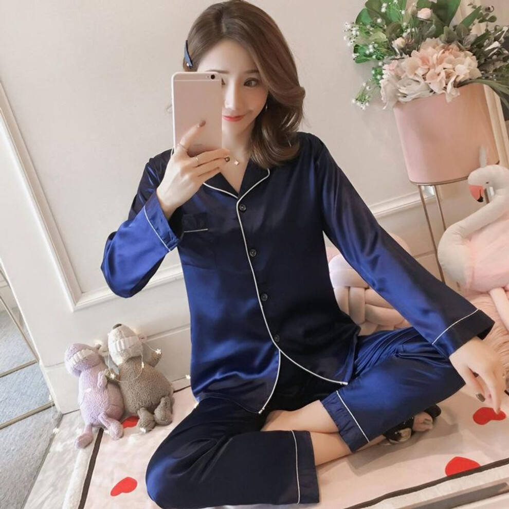 (3XL, blue) Women's Pajamas Set Spring Autumn Sleepwear Suit Silk Shirt Loose Casual Home Wear Long Sleeve Tops and Pants Suits Solid Plus Size M-5XL Nightwear