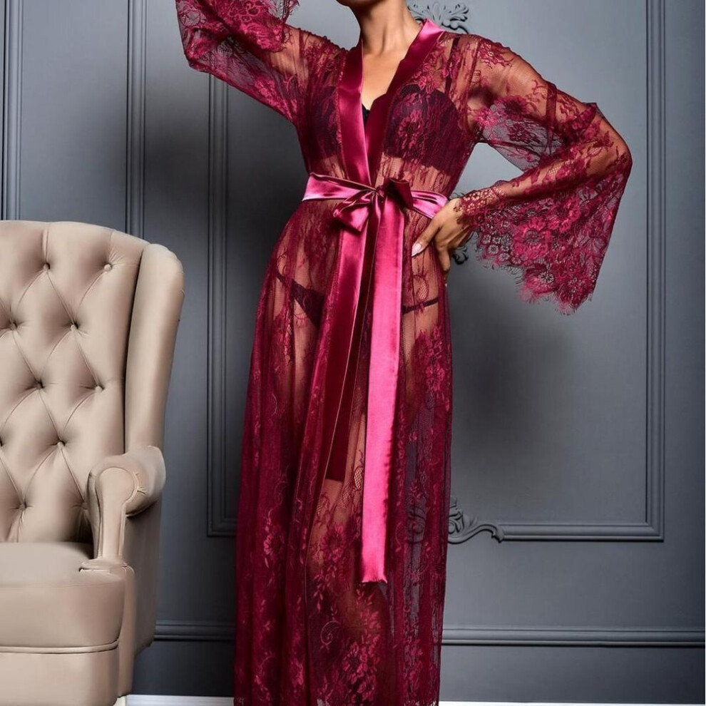 (M, wine red) Women Ice Silk Robes Nightgown Long Dress Deep V Long-sleeve Kimono Gown Cardigan Loose Sexy Sleep Wear Lace Lingerie Nightdress