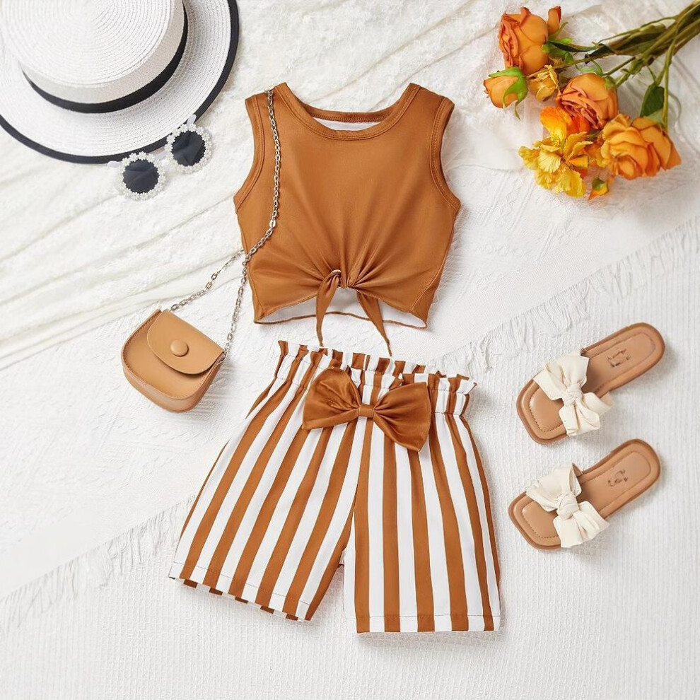 (light brown, 4-5Y) Girls Striped Shorts Vest Shorts Casual Suit Summer Kids Fashion Suit