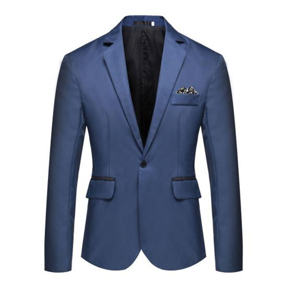 (XL, royal blue) Autumn Men Slim Fit Suit Coat Lapel Long Sleeve Pockets Single Button Business Wedding Party Blazer Black White Stitching Suit Jacket