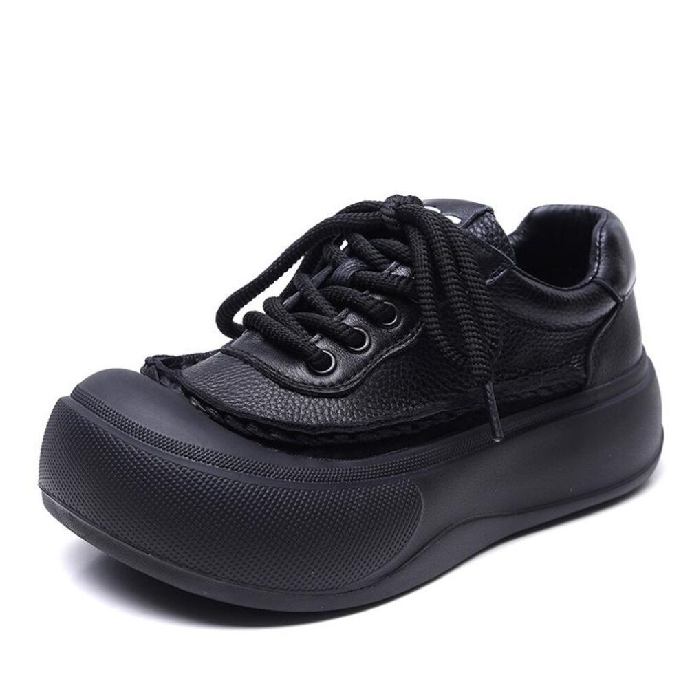 (black, 37) Women's Retro Platform Leather Shoes - Genuine Cowhide, Thick-Soled Casual Single Shoes for Spring 2025