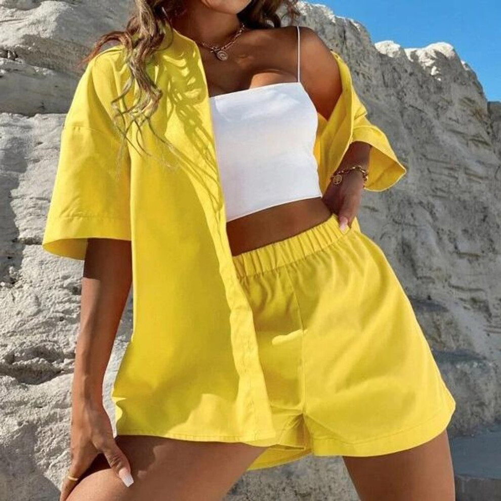 (yellow, M) Women 2-Piece Set Shirt & Shorts Button Long Shirt Blouse Elastic Waist Shorts Suit Beach Joggers Outfits Tracksuit