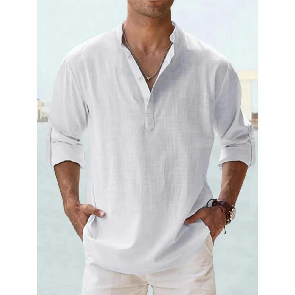 (L, white) New Cotton Linen Shirts for Men Casual Shirts Lightweight Long Sleeve Henley Beach Shirts Hawaiian T Shirts for Men Streetwear