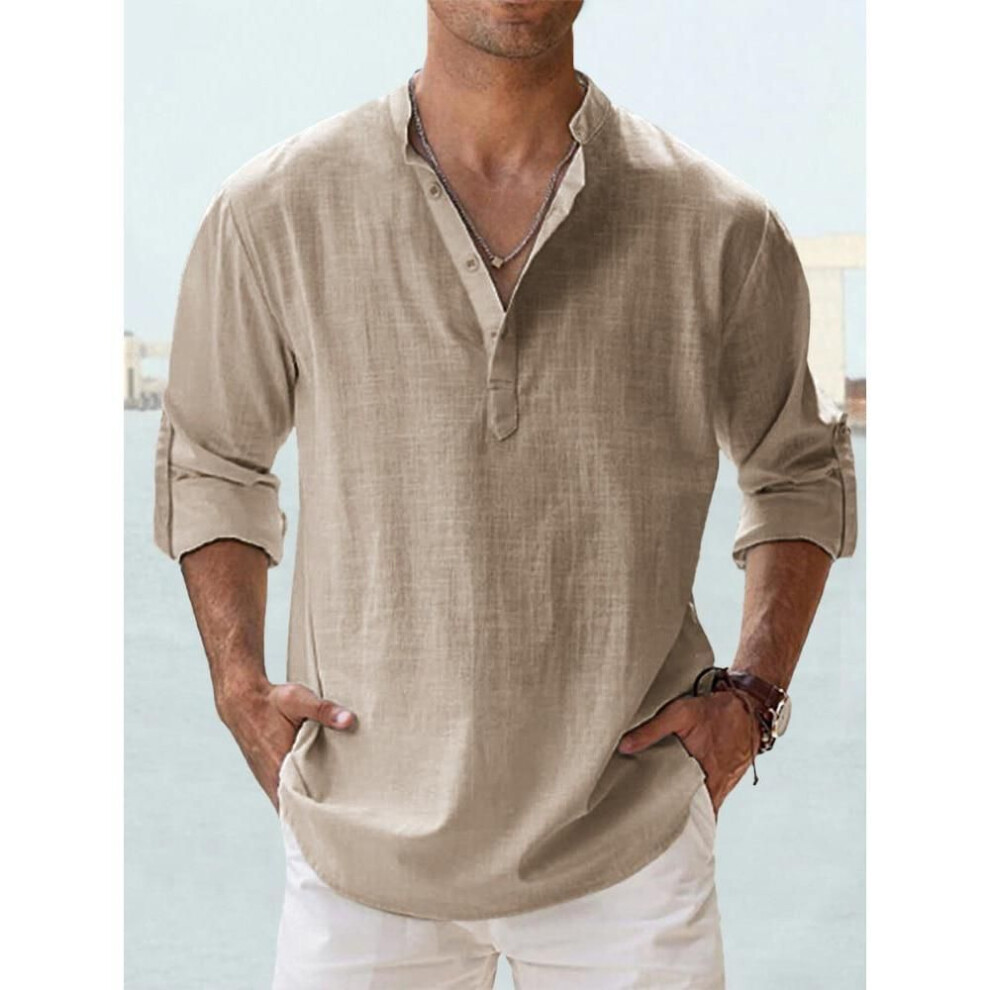 (S, khaki) New Cotton Linen Shirts for Men Casual Shirts Lightweight Long Sleeve Henley Beach Shirts Hawaiian T Shirts for Men Streetwear