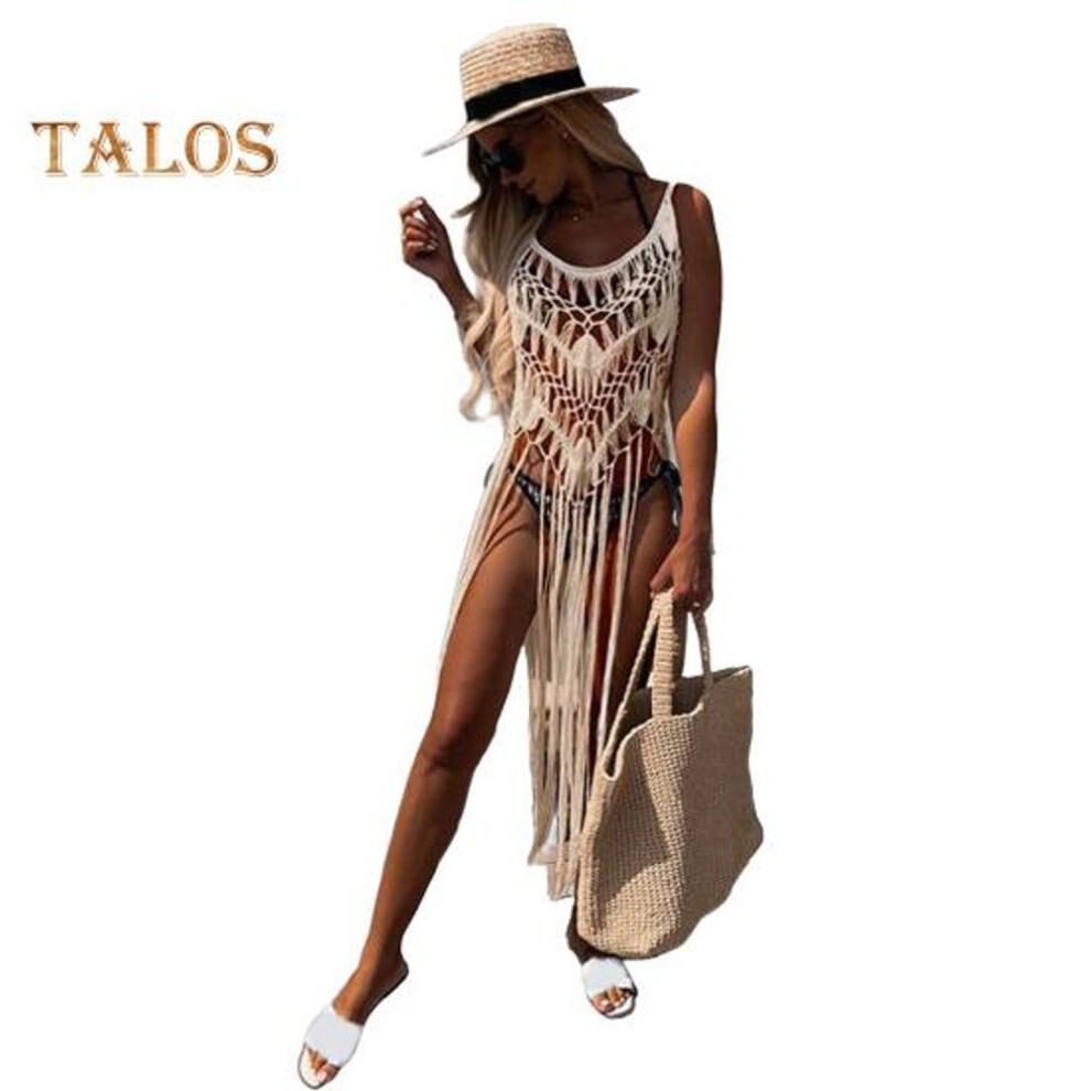 (apricot) Boho Beach Dress For Women Hollow Fringe Hem Sexy Cover Up Dress Summer Bathing Suits Smock Crochet Tassel Sling Beachwear