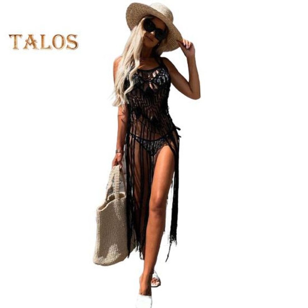 (black) Boho Beach Dress For Women Hollow Fringe Hem Sexy Cover Up Dress Summer Bathing Suits Smock Crochet Tassel Sling Beachwear