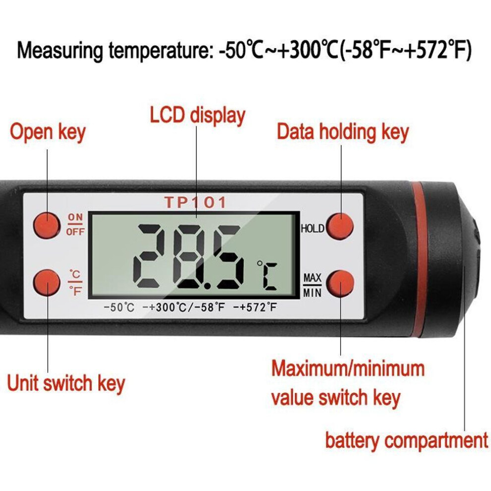 (TP101 Black) Digital Food Thermometer With Hygrometer For Oven, Bbq, And Cooking