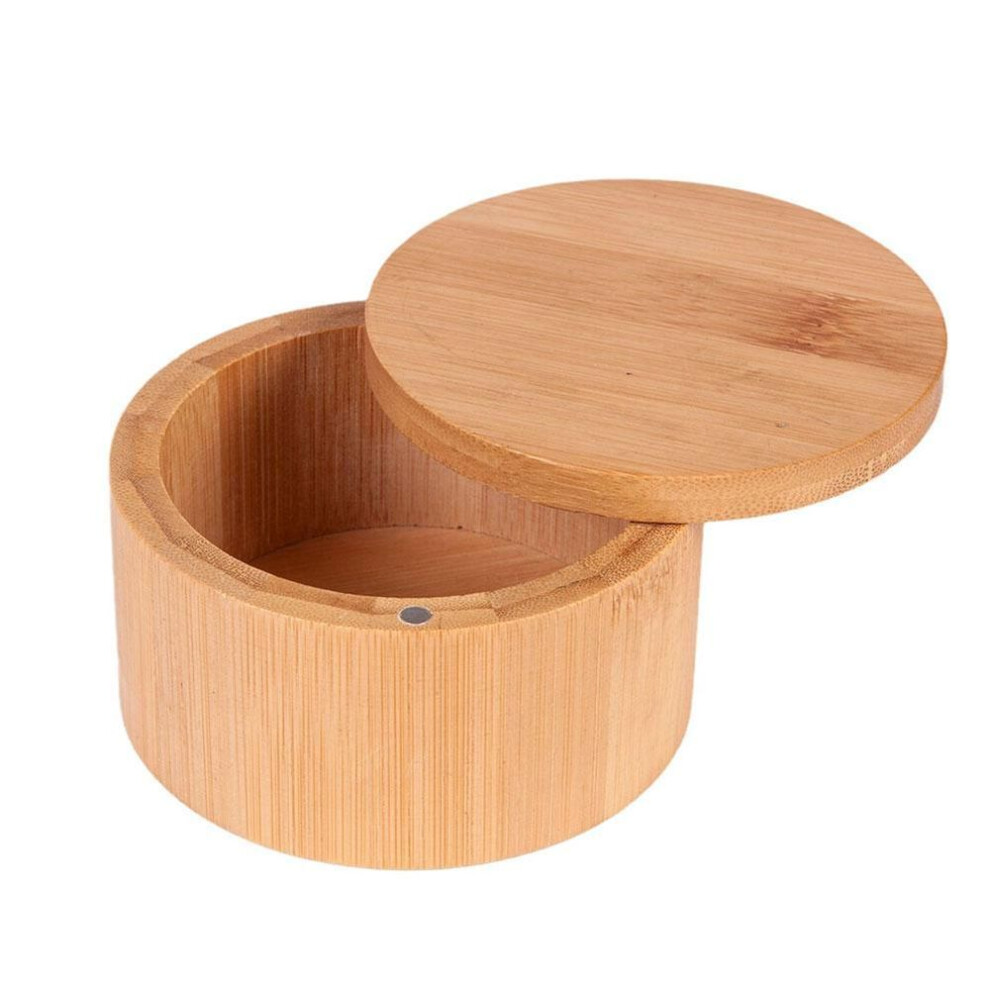 Bamboo Salt Cellar With Magnetic Swivel Lid Kitchen Round Salt Container Salt Box To Store Pepper Spice Bath Salt Sea Salt Herbs