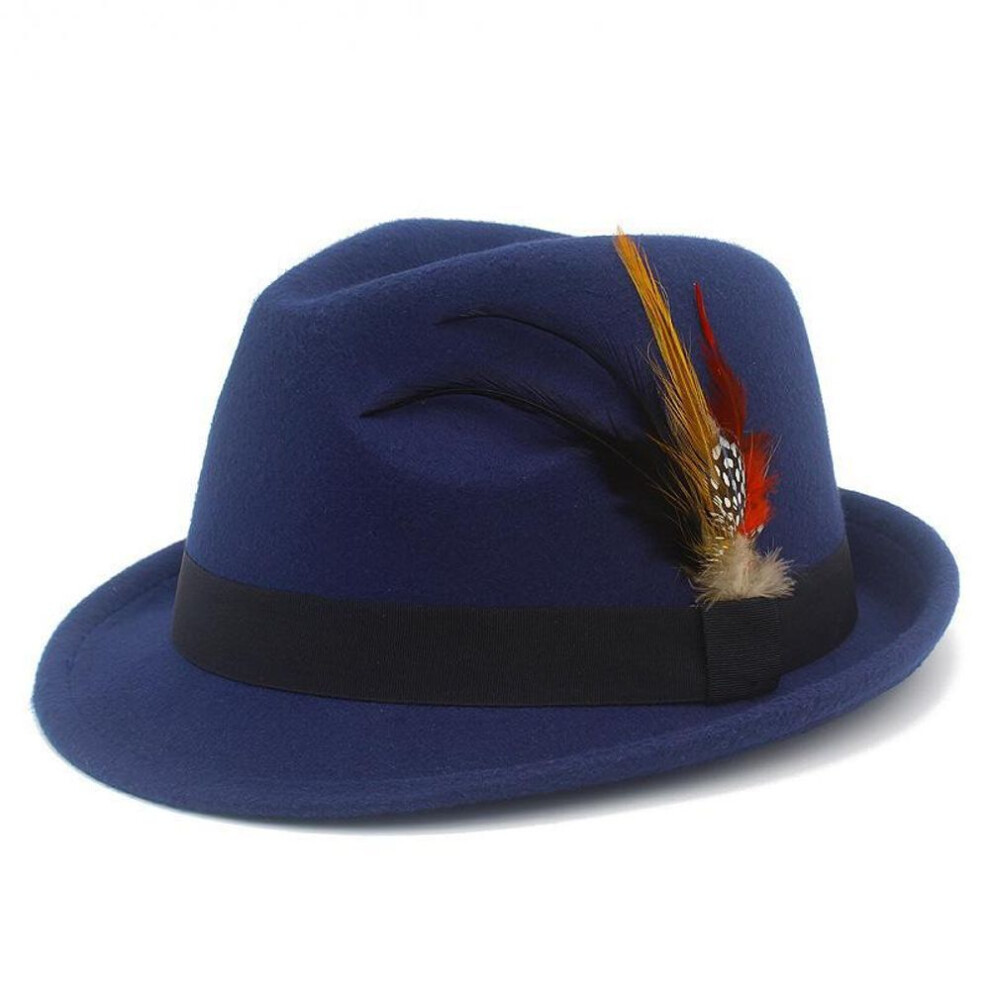 (navy blue, One Size) British Retro Wool Felt Feather Hat - Stylish Autumn/winter Jazz Hat