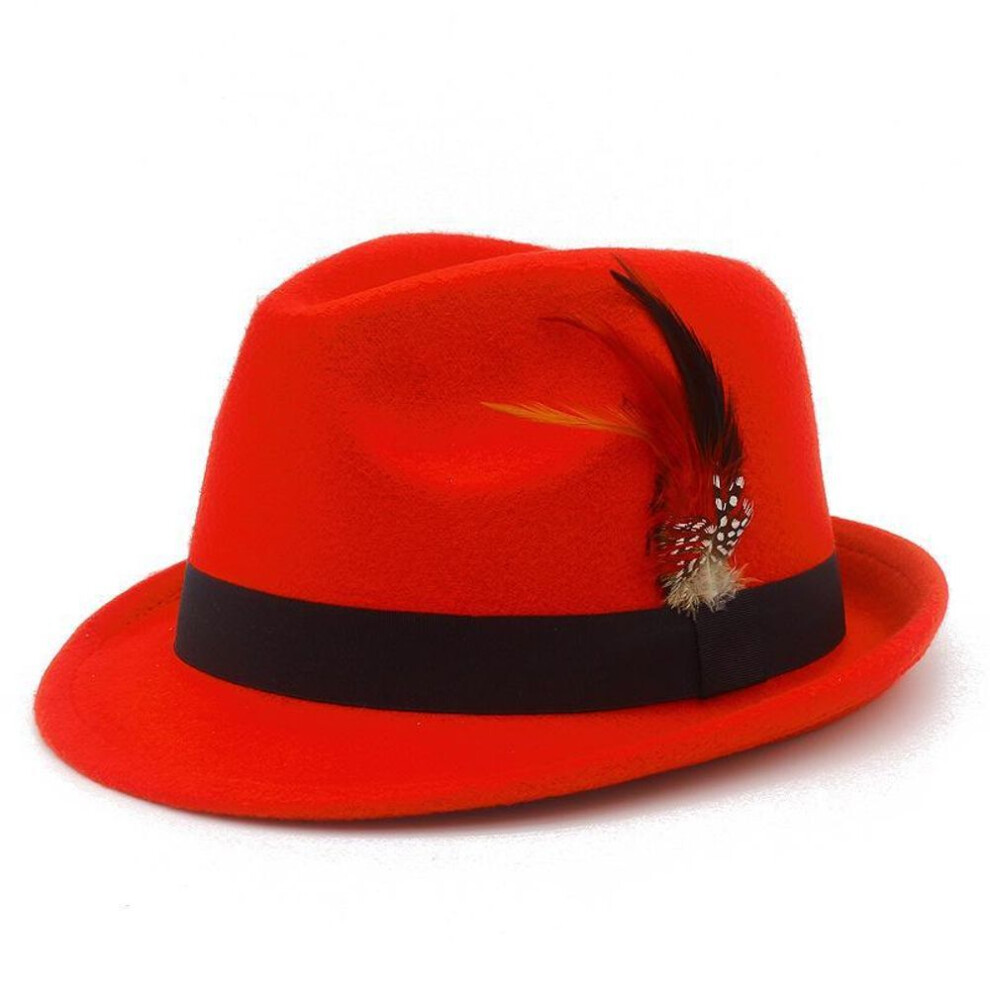 (red, One Size) British Retro Wool Felt Feather Hat - Stylish Autumn/winter Jazz Hat