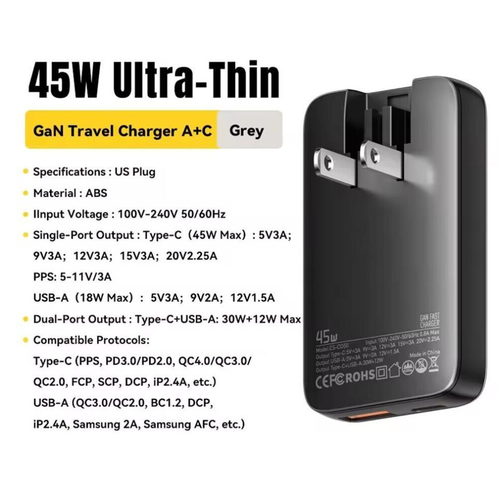 (black, US Plug) Essager 45W GaN Charger USB Type C PD3.0 Fast Charge For Tablet MacBook QC4.0 3.0 Phone Charger For iPhone16 15 14 Xiaomi Huawei