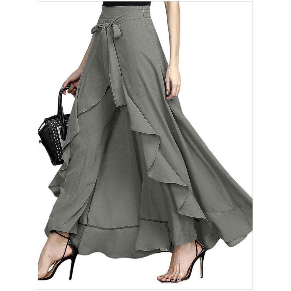 (grey, S) Plus Size High Waist Wide Leg Chiffon Trousers - Autumn Collection for Women