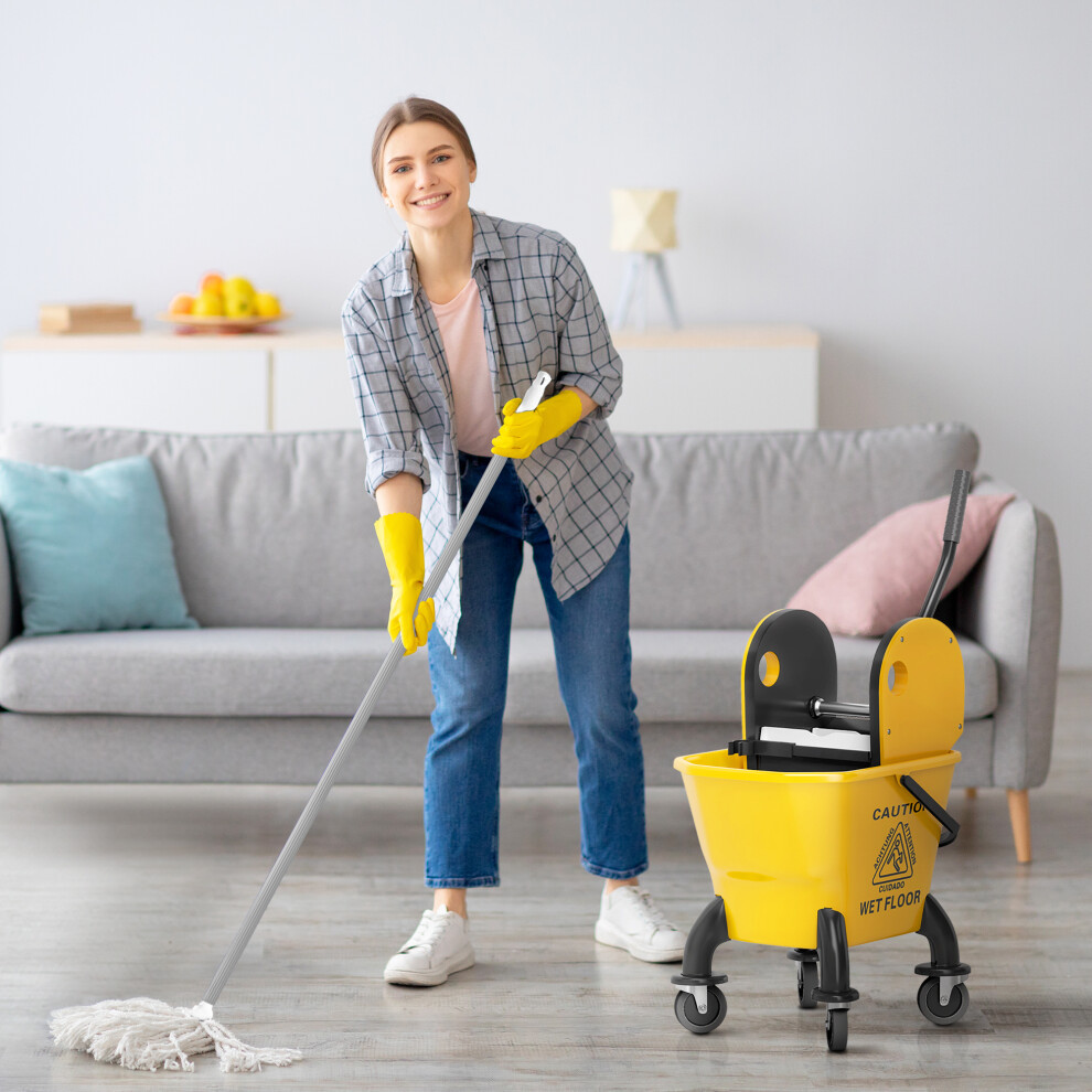 Homcom Mop Bucket With Wringer On Wheels For Floor Cleaning 26 Litre Yellow