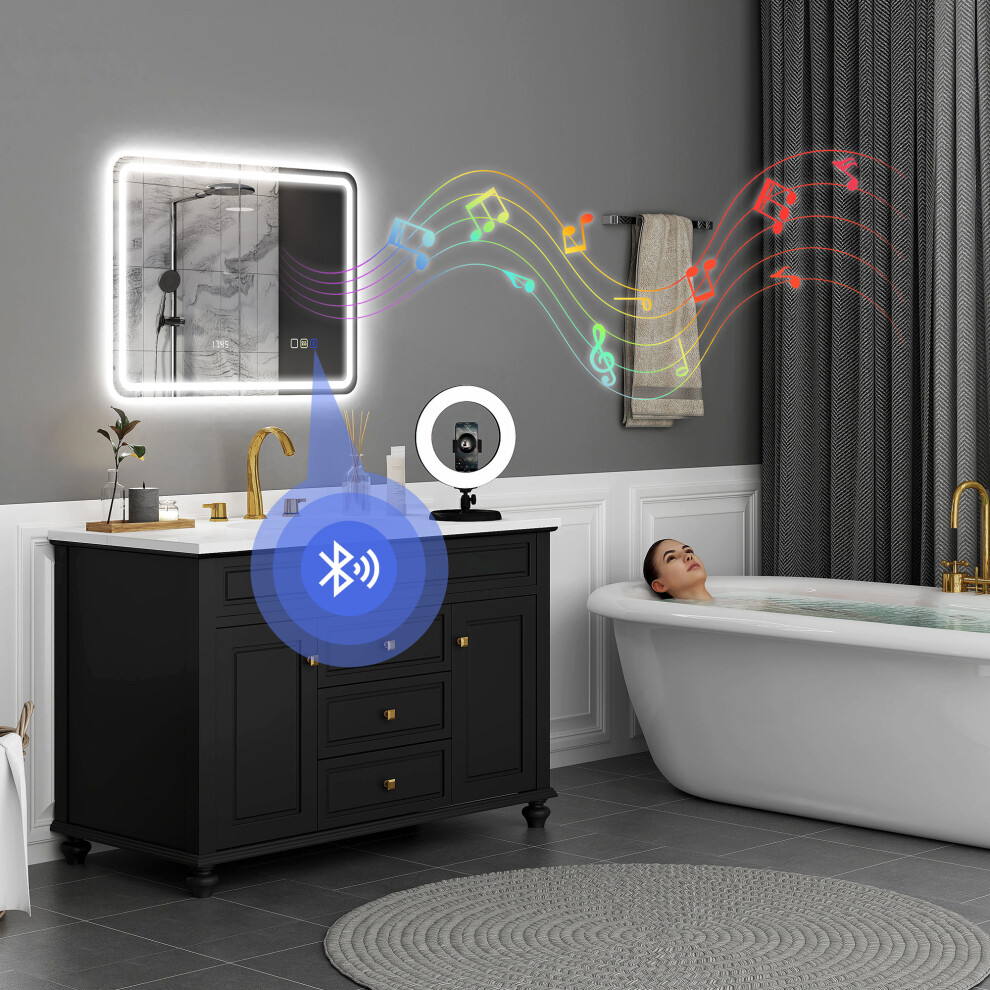 HOMCOM 600 x 800 mm Illuminated Bathroom Mirror with Bluetooth Clock Silver