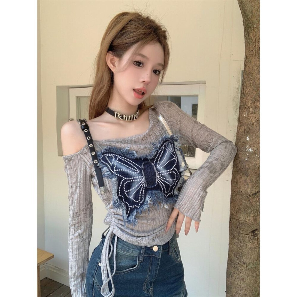 (M) Autumn Retro Y2k Butterfly Denim Off-shoulder Top For Women