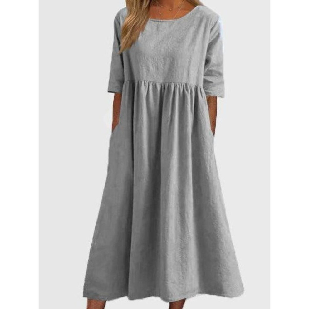 (light grey, 3XL) O-neck Short Sleeve Dress Spring Summer Fashion Elegant Loose Solid Dresses For Women