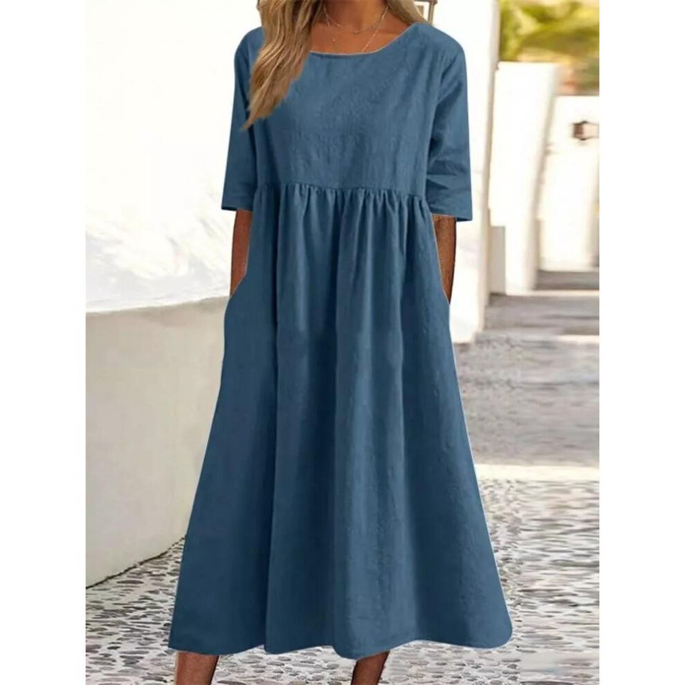 (denim blue, S) O-neck Short Sleeve Dress Spring Summer Fashion Elegant Loose Solid Dresses For Women
