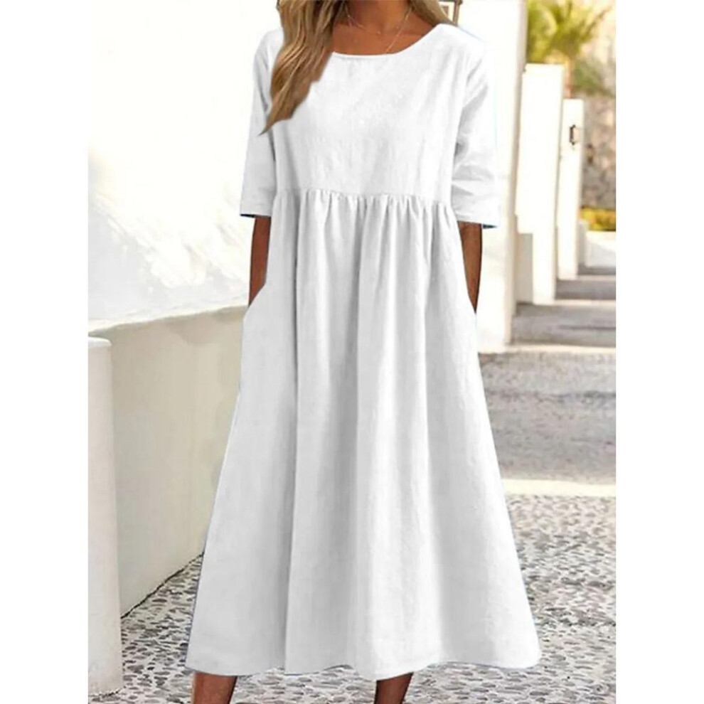 (white, 2XL) O-neck Short Sleeve Dress Spring Summer Fashion Elegant Loose Solid Dresses For Women