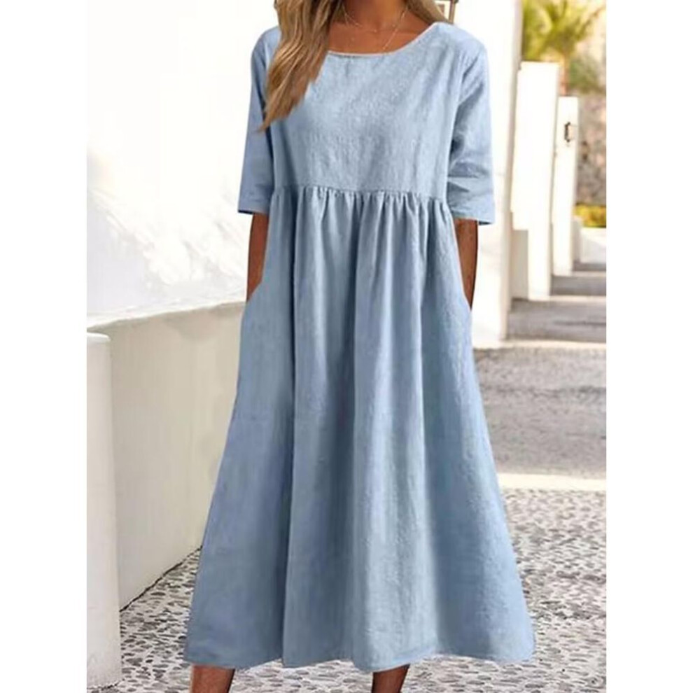 (light blue, XL) O-neck Short Sleeve Dress Spring Summer Fashion Elegant Loose Solid Dresses For Women