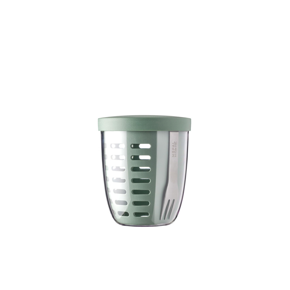 Mepal - Fruit & Veggie Pot Ellipse - Fruit Container - Ideal For Fruit And Vegetables On The Go - Fruit Box With Fork & Colander - 600 Ml - Nordic Sag