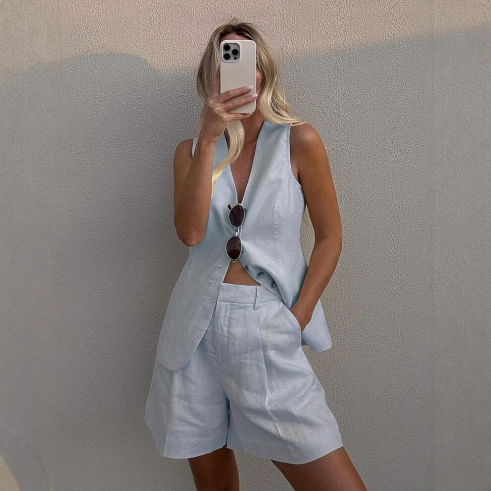 (sea blue, M) Cotton And linen Casual Vest Shorts Set Women's Summer Commuter Sleeveless Tank Top Shorts Suits