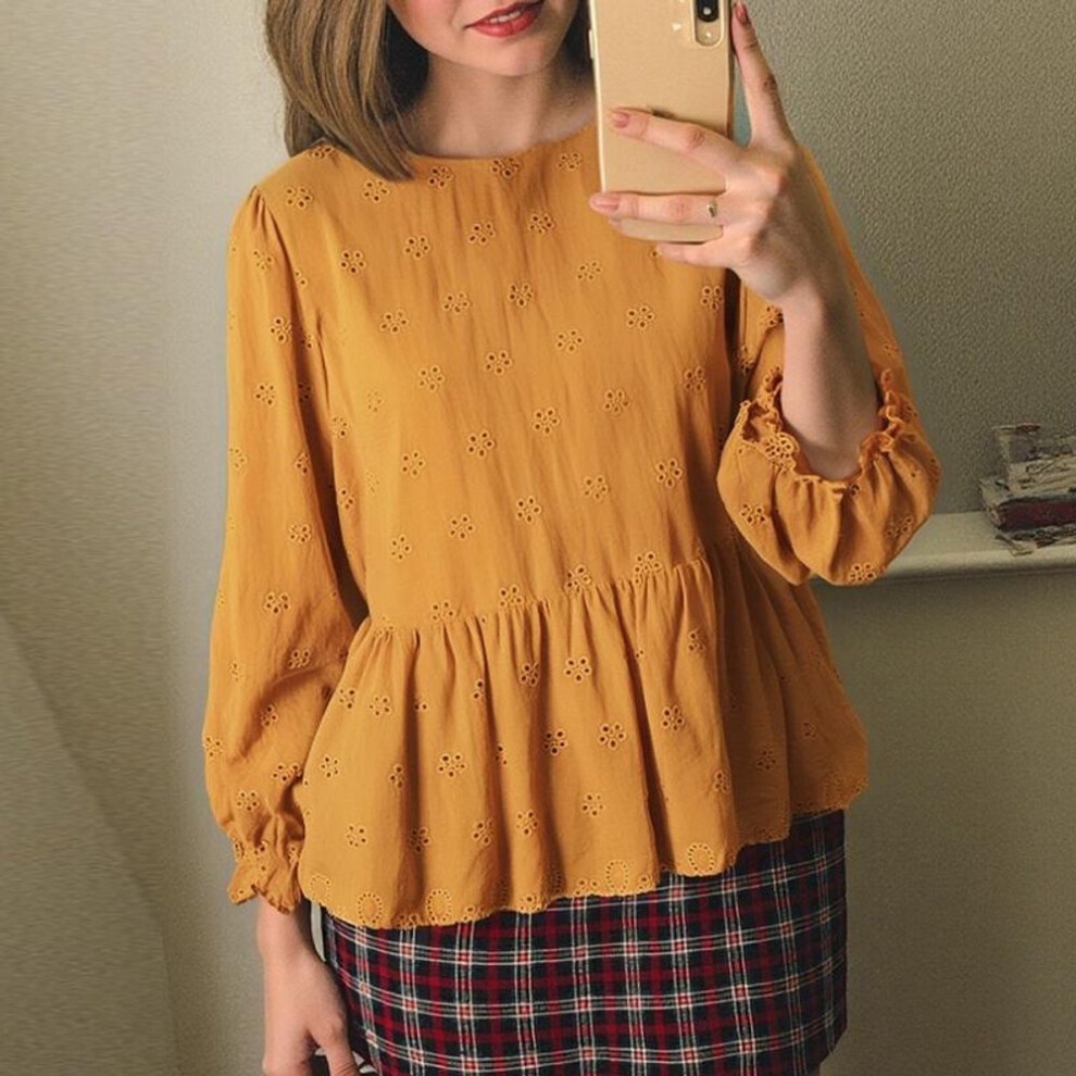 (S, yellow) ZANZEA Women Vintage Round Neck Long Sleeve Lace Print Blouses