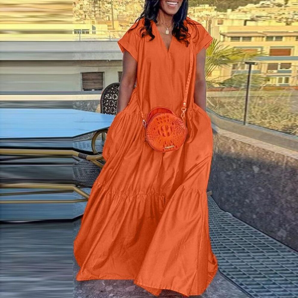 (orange, 3XL) VONDA Women Summer V-Neck Short Sleeve Layered Dresses