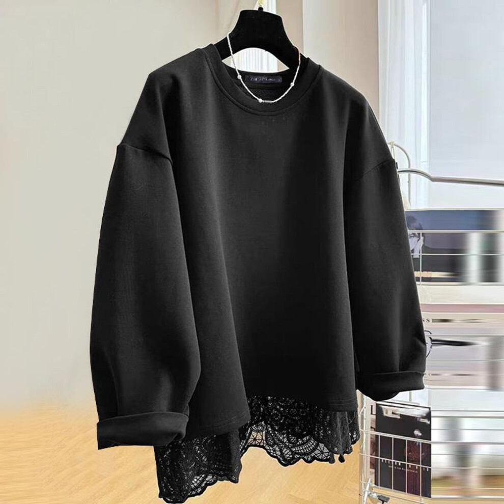 (S, black) Zanzea Women Autumn Round Neck Long Sleeve Pullover Lace Hem Sweatshirts