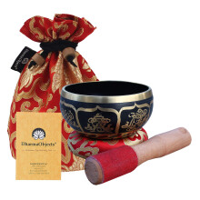 DharmaObjects ~ Set di campane tibetane con 8 simboli fortunati ~ Con cuscino in broccato e borsa per il trasporto ~ Per meditazione, guarigione