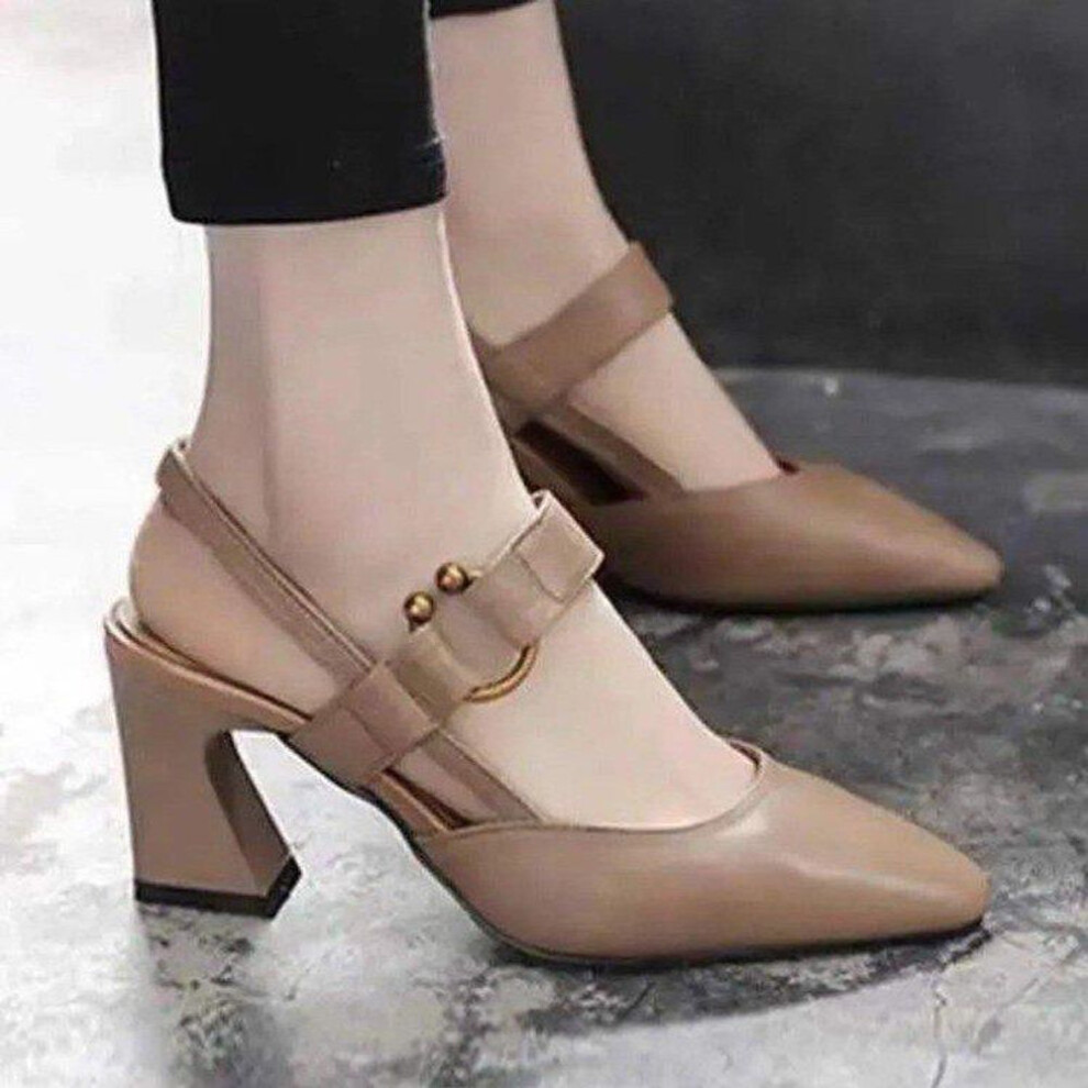 (apricot, 36) Summer Sandals Women's Casual Pointed Thick-heeled High-heeled Fashion Casual Leather Women's Shoes