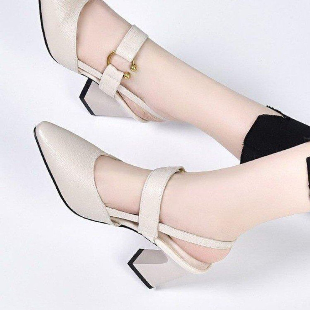 (beige, 38) Summer Sandals Women's Casual Pointed Thick-heeled High-heeled Fashion Casual Leather Women's Shoes