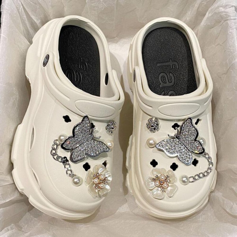 (white, 8388 Diamond Butterfly, 40-41) Women's Summer Thick Sole Platform Sandals with Pearls & Rhinestones