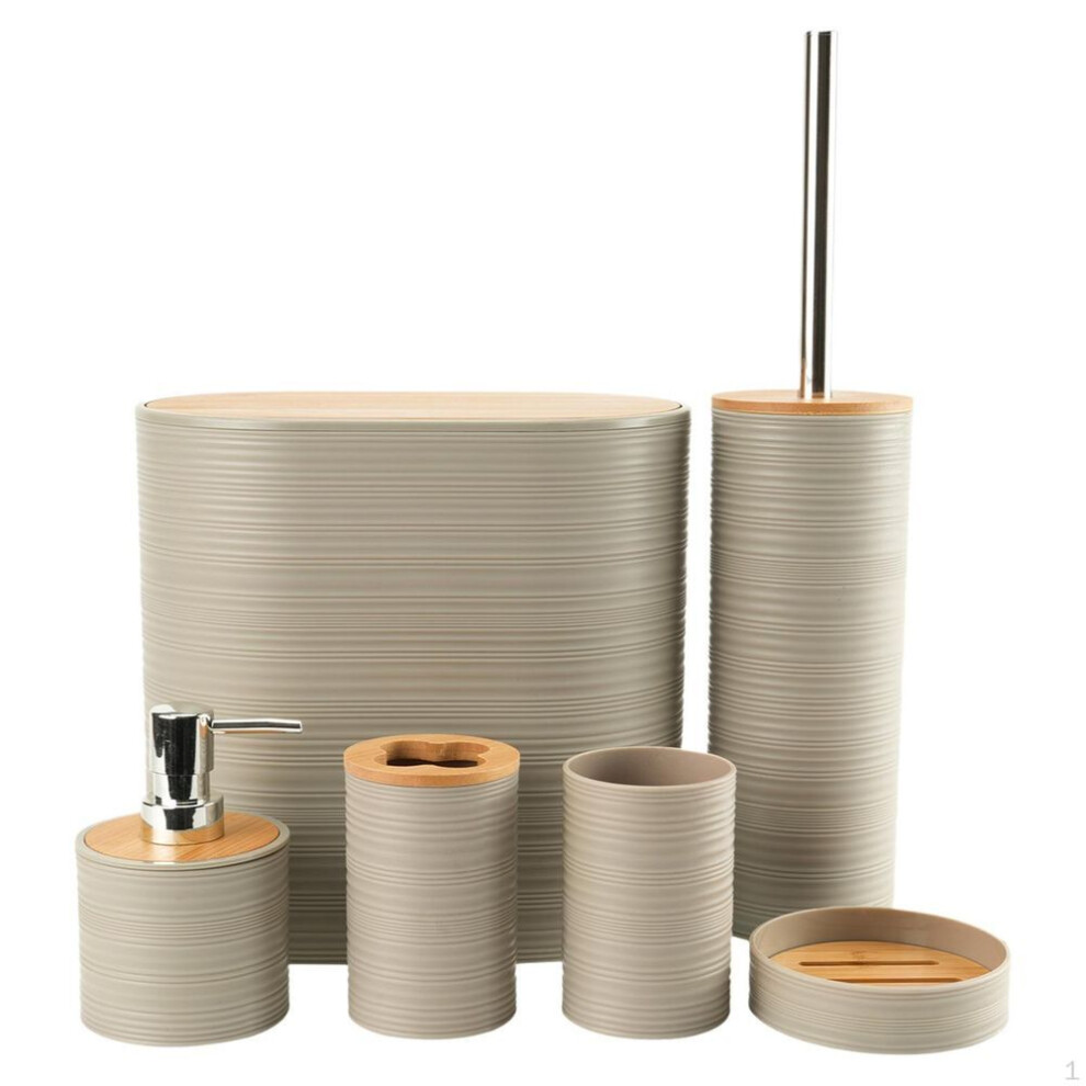 (beige) 6 Pieces Bathroom Accessories Set Garbage Trash Can Trendy Bath Decor Mouthwash Cup For Countertop