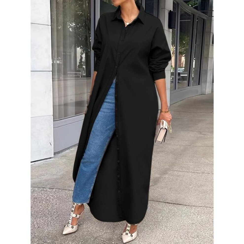(black, M) YYFS Women's Fashion Spring Fall Solid Color Print Long Sleeve POLO Neck Loose Waistline Casual Dresses